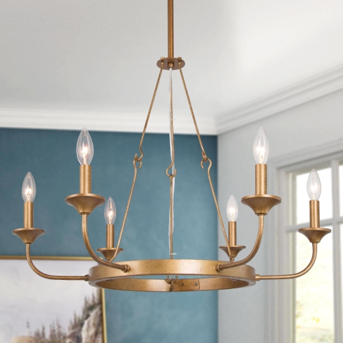 UOLFIN  Modern Farmhouse Distressed Vintage Chandelier, 6-Light Classic Wagon Wheel Chandelier Ceiling Light In Gold