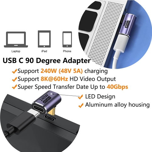 Y USB C 90 Degree Adapter,USB C Right Angle Adapter with 40 Gbps PD 240W 8K@60hz Video Charge,Compatible for MacBook Pro/Air,Steam Deck,Switch,VR and