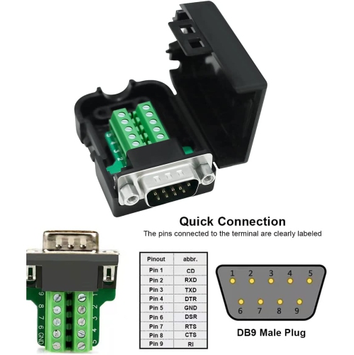DB9 Breakout Connector to Wiring Terminal Board DB-9 Male RS232 Serial Adapter Solderless Module with Terminals Block, Case, Nuts and Tail Pipes