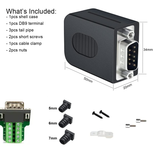 DB9 Breakout Connector to Wiring Terminal Board DB-9 Male RS232 Serial Adapter Solderless Module with Terminals Block, Case, Nuts and Tail Pipes