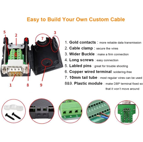 DB9 Breakout Connector to Wiring Terminal Board DB-9 Male RS232 Serial Adapter Solderless Module with Terminals Block, Case, Nuts and Tail Pipes