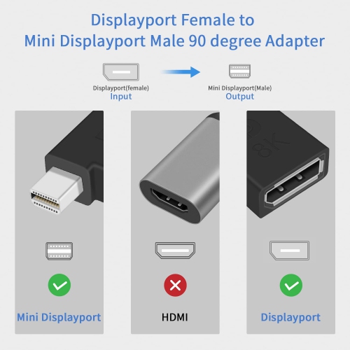 P Mini Displayport to Displayport Adapter, 90 Degree Mini DP to DP Adapter 1.4, Thunderbolt 2/ Mini DP Male to DP Female Extension Adapter 8K@60hz