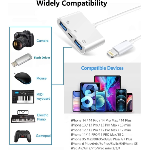 Lightning to USB Camera Adapter with Charging Port, USB 3.0 OTG Cable for iPhone/iPad to Connect Card Reader, USB Flash Drive, U Disk, Keyboard,