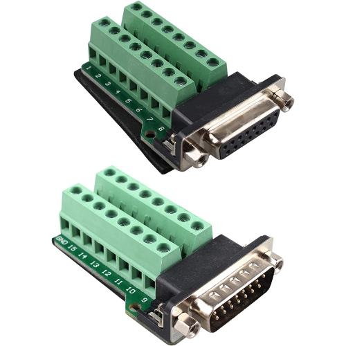 F DB15 D-SUB Male and Female Connector 15-pin 2-Row Adapter Module Breakout Board DB15 Connector to Wiring Terminal Solder-Free with Nut
