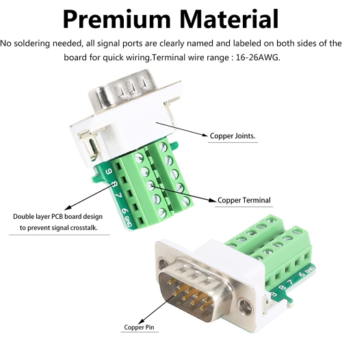 DB9 Breakout Connector, B DB9 Solderless Connector RS232 D-SUB Serial Adapters 16mm thinner 9 Pin Port Terminal Breakout Board with Case Long Bolts