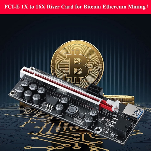 B PCI-E 1X to 16X Riser Card, 10 Capacitors,for Bitcoin Ethereum Mining ETH,with 0.6 m USB 3.0 Extension Cable & 6PIN SATA Power Cable - GPU Extender