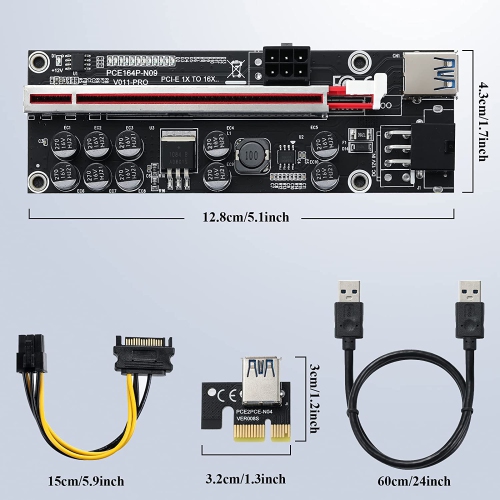 B PCI-E 1X to 16X Riser Card, 10 Capacitors,for Bitcoin Ethereum Mining ETH,with 0.6 m USB 3.0 Extension Cable & 6PIN SATA Power Cable - GPU Extender