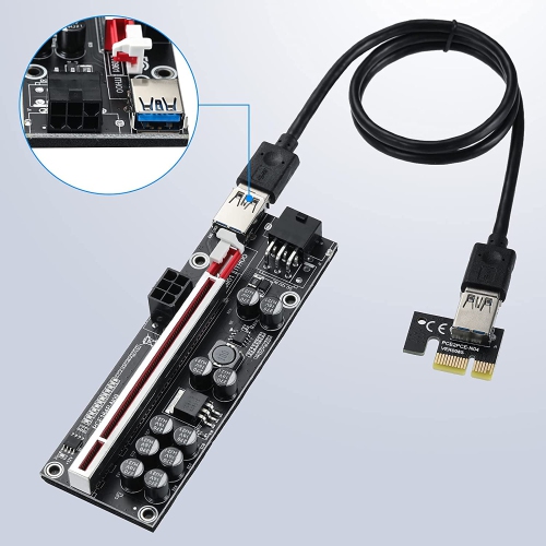 B PCI-E 1X to 16X Riser Card, 10 Capacitors,for Bitcoin Ethereum Mining ETH,with 0.6 m USB 3.0 Extension Cable & 6PIN SATA Power Cable - GPU Extender