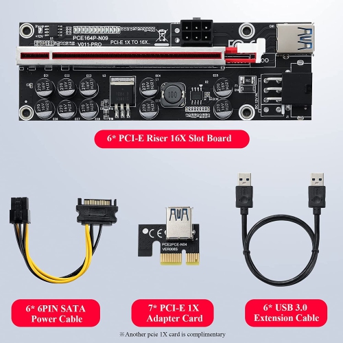 B PCI-E 1X to 16X Riser Card, 10 Capacitors,for Bitcoin Ethereum Mining ETH,with 0.6 m USB 3.0 Extension Cable & 6PIN SATA Power Cable - GPU Extender