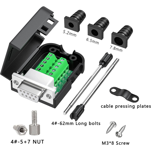J 2PCS DB9 Female adapters, Easy to useDIY RS232/485 Serial Cable, No Soldering Needed DB9 Serial connectors with Bolts Nuts Tail Pipes and