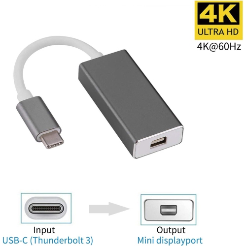 Adaptateur USB-C à Mini DisplayPort 4K 60 Hz, convertisseur USB-C à Mini DP prêt à l’emploi compatible avec MacBook Pro 2017/2018, MacBook Air,