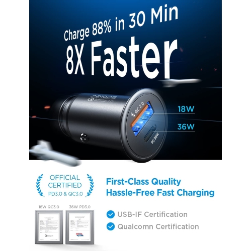 USB-C Car Charger 67.5W AINOPE All Metal Fast USB Car Charger Adapter PD&QC 3.0 Dual Port Compatible with cable for iPhone 14 Pro Max 13 12 11 X XR