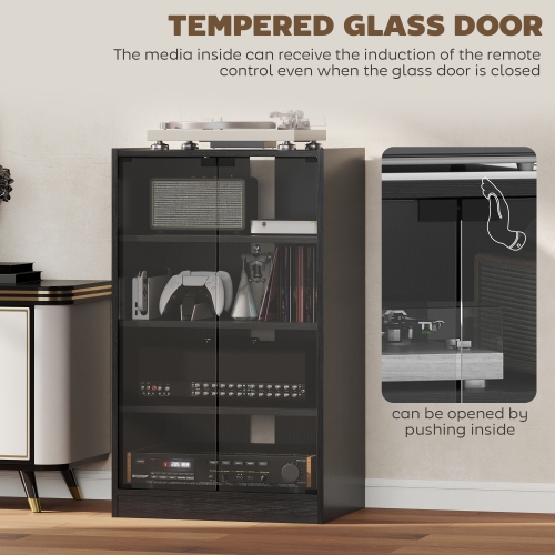 HOMCOM – Support multimédia à 5 niveaux, armoire de rangement pour DVD avec 3 tablettes réglables, portes en verre trempé et système d’organisation