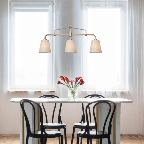 Modern Farmhouse Gold Bedroom Chandelier, 26 in. 3-Light Kitchen Island Linear Pendant Light with Fabric Shade