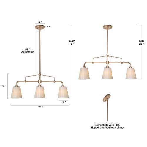 Modern Farmhouse Gold Bedroom Chandelier, 26 in. 3-Light Kitchen Island Linear Pendant Light with Fabric Shade