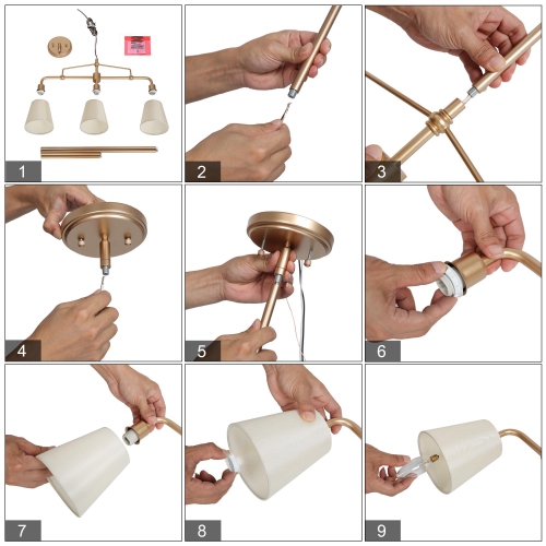 Modern Farmhouse Gold Bedroom Chandelier, 26 in. 3-Light Kitchen Island Linear Pendant Light with Fabric Shade