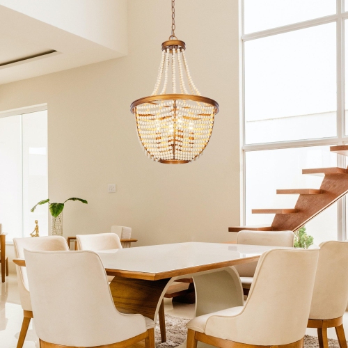 Antique Gold Bedroom Chandelier Light, 4-Light Drum Dining Room Island Chandelier with White Wood Beads