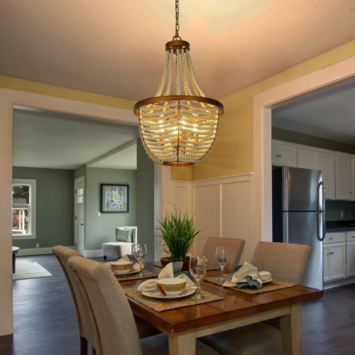 Antique Gold Bedroom Chandelier Light, 4-Light Drum Dining Room Island Chandelier with White Wood Beads