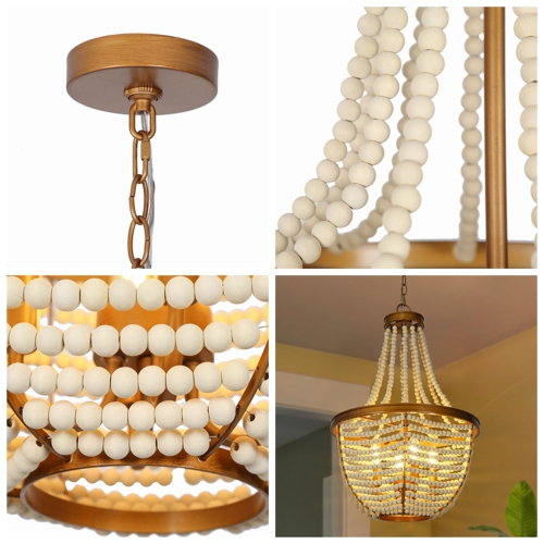 Antique Gold Bedroom Chandelier Light, 4-Light Drum Dining Room Island Chandelier with White Wood Beads