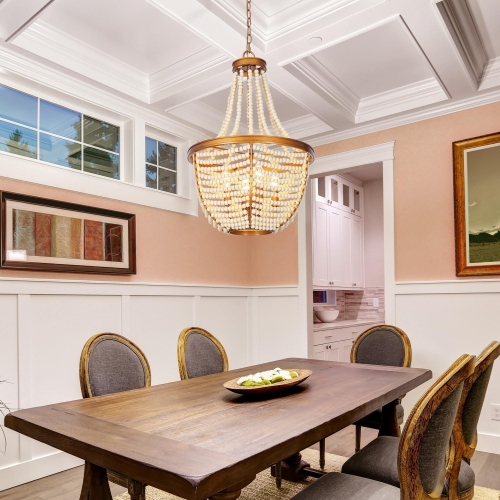 Antique Gold Bedroom Chandelier Light, 4-Light Drum Dining Room Island Chandelier with White Wood Beads