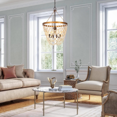 Modern Farmhouse Empire Beaded Chandelier, 4-Light Rustic Brown Transitional Candlestick Boho Chandelier with Wood Beads