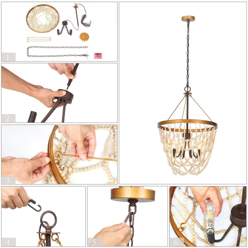 Modern Farmhouse Empire Beaded Chandelier, 4-Light Rustic Brown Transitional Candlestick Boho Chandelier with Wood Beads