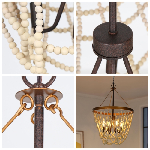 Modern Farmhouse Empire Beaded Chandelier, 4-Light Rustic Brown Transitional Candlestick Boho Chandelier with Wood Beads