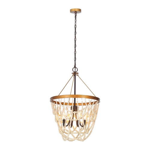 Modern Farmhouse Empire Beaded Chandelier, 4-Light Rustic Brown Transitional Candlestick Boho Chandelier with Wood Beads