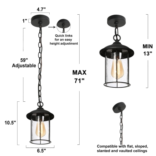 Modern Black Outdoor Pendant Light, 1-Light Farmhouse Lantern Indoor/Outdoor Hanging Light