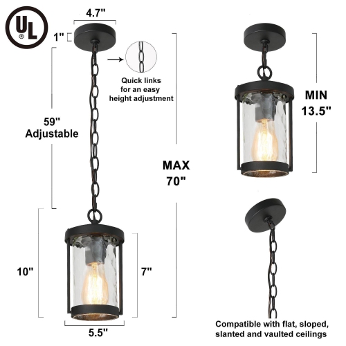 Modern Cage Outdoor Hanging Light, Matte Black with Water Cylinder Glass Modern/Contemporary Clear Glass Lantern LED Mini Outdoor Hanging Pendant