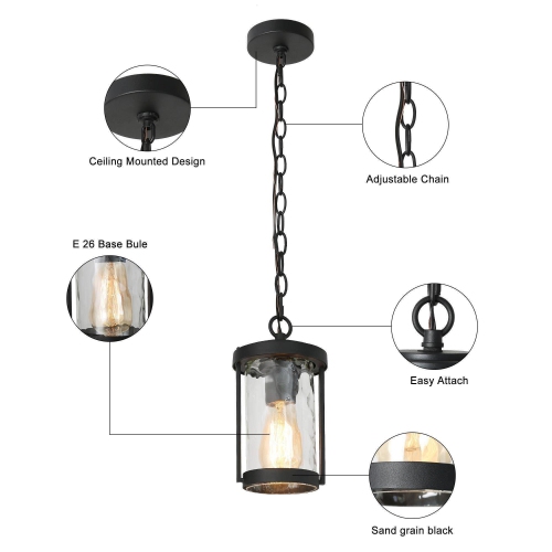 Modern Cage Outdoor Hanging Light, Matte Black with Water Cylinder Glass Modern/Contemporary Clear Glass Lantern LED Mini Outdoor Hanging Pendant