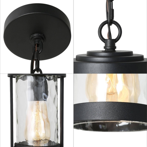 Modern Cage Outdoor Hanging Light, Matte Black with Water Cylinder Glass Modern/Contemporary Clear Glass Lantern LED Mini Outdoor Hanging Pendant