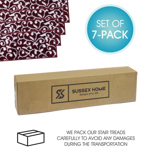 SussexHome Stair Treads - Carpet Strips for Indoor Stairs - Easy to Install with Double Adhesive Tape - Safe, 9" X 28" - 7-Pack - Red