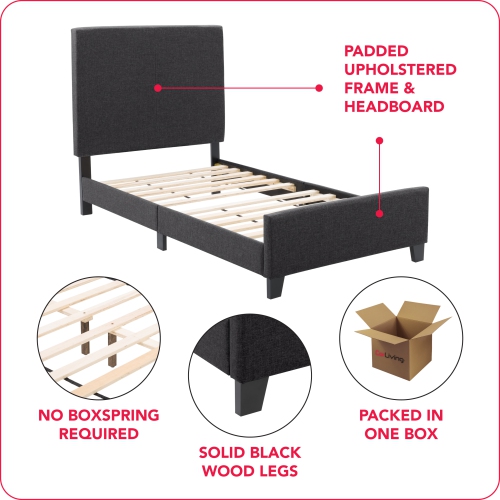 CorLiving Juniper Charcoal Fabric Upholstered Bed, Single