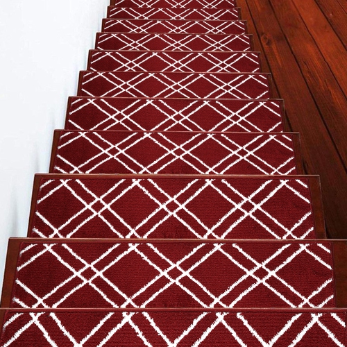 SUSSEXHOME  Stair Treads - Carpet Strips for Indoor Stairs - Easy to Install With Double Adhesive Tape - Safe, 9" X 28" - 13-Pack - In Red