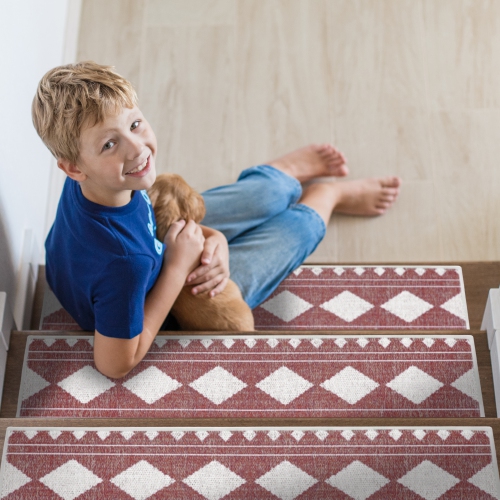 SussexHome Stair Treads - 70 % Cotton Carpet Strips for Indoor Stairs - Easy to Install with Double Adhesive Tape - Safe, 9" X 28" - 13-Pack - Red