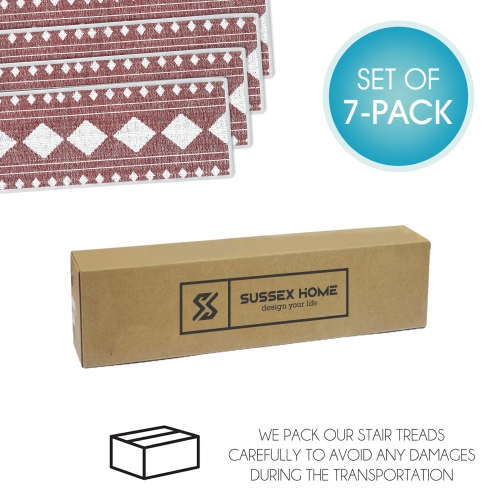 SussexHome Stair Treads - 70 % Cotton Carpet Strips for Indoor Stairs - Easy to Install with Double Adhesive Tape - Safe, 9" X 28" - 7-Pack - Red