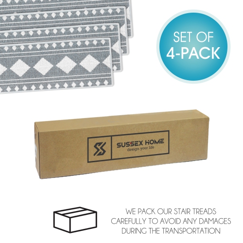 SussexHome Stair Treads - 70 % Cotton Carpet Strips for Indoor Stairs - Easy to Install with Double Adhesive Tape - Safe, 9" X 28" - 4-Pack - Gray
