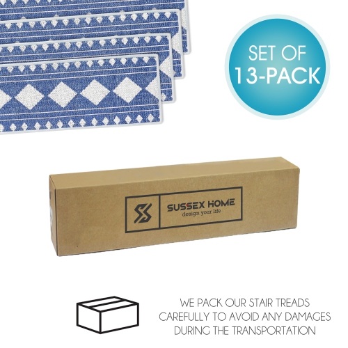 SussexHome Stair Treads - 70 % Cotton Carpet Strips for Indoor Stairs - Easy to Install with Double Adhesive Tape - Safe, 9" X 28" - 13-Pack - Navy