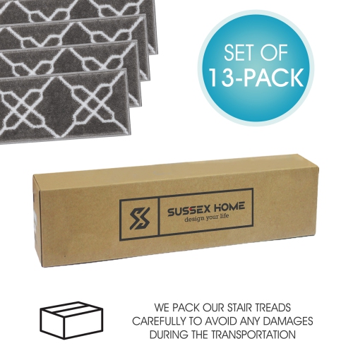 SussexHome Stair Treads - Carpet Strips for Indoor Stairs - Easy to Install with Double Adhesive Tape - Safe, 9" X 28" - 13-Pack - Gray