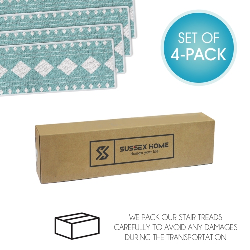 SussexHome Stair Treads - 70 % Cotton Carpet Strips for Indoor Stairs - Easy to Install with Double Adhesive Tape - Safe, 9" X 28" - 4-Pack - Teal