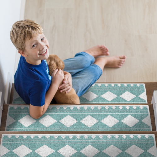 SussexHome Stair Treads - 70 % Cotton Carpet Strips for Indoor Stairs - Easy to Install with Double Adhesive Tape - Safe, 9" X 28" - 13-Pack - Teal