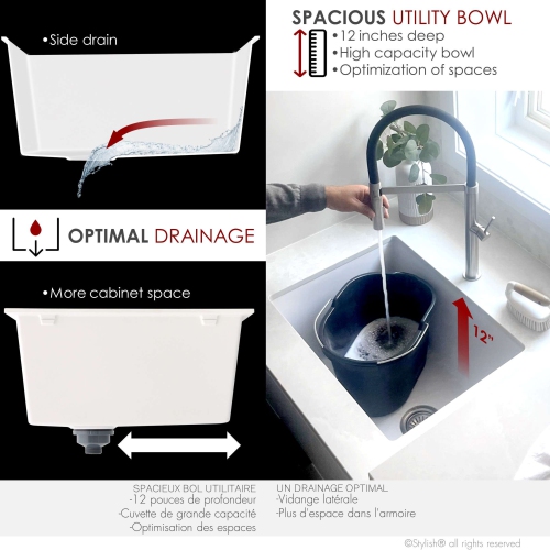STYLISH 25 inch White Single Bowl Dual Mount Composite Granite Utility Sink S-825H