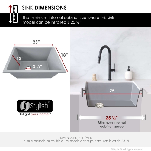 STYLISH 25 inch Gray Single Bowl Dual Mount Composite Granite Utility Sink S-825L