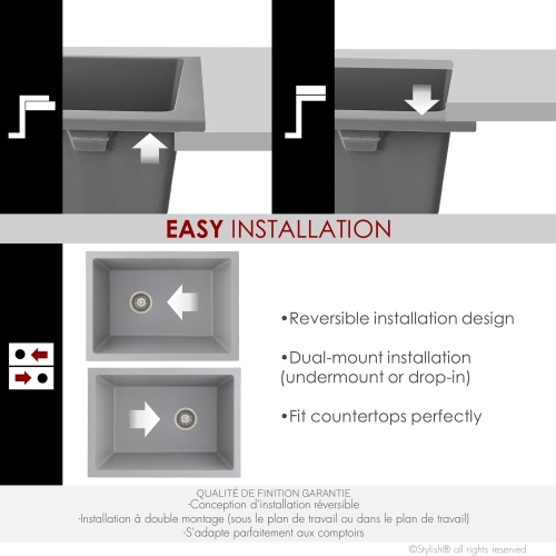 STYLISH 25 inch Gray Single Bowl Dual Mount Composite Granite Utility Sink S-825L
