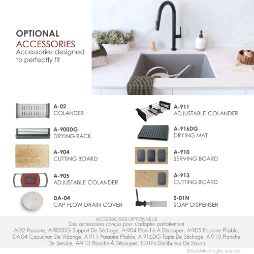 STYLISH 25 inch Gray Single Bowl Dual Mount Composite Granite Utility Sink S-825L