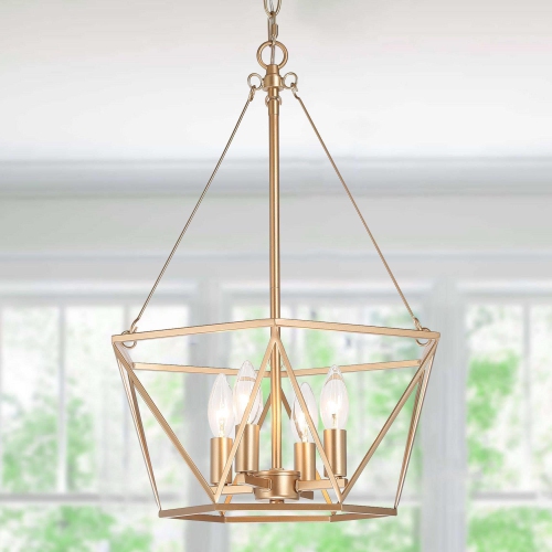 Image 1 de 8.. Lustre moderne de salle à manger d'or, éclairage pendant de lustre de chambre à coucher de cage de ferme de 4 lumières