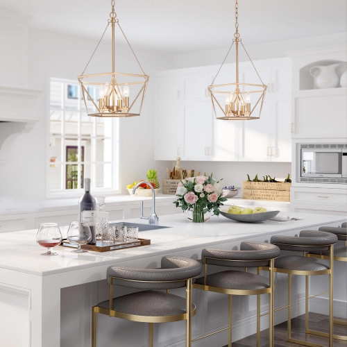 Modern Gold Dining Room Chandelier, 4-Light Farmhouse Cage Bedroom Chandelier Pendant Lighting