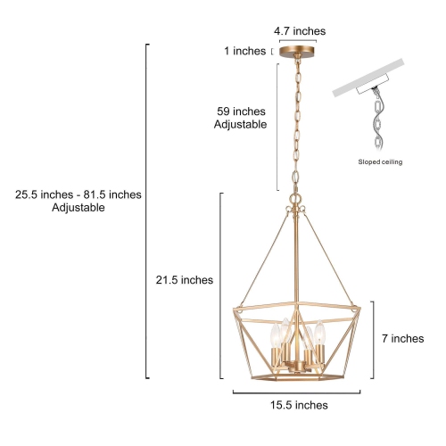Modern Gold Dining Room Chandelier, 4-Light Farmhouse Cage Bedroom Chandelier Pendant Lighting