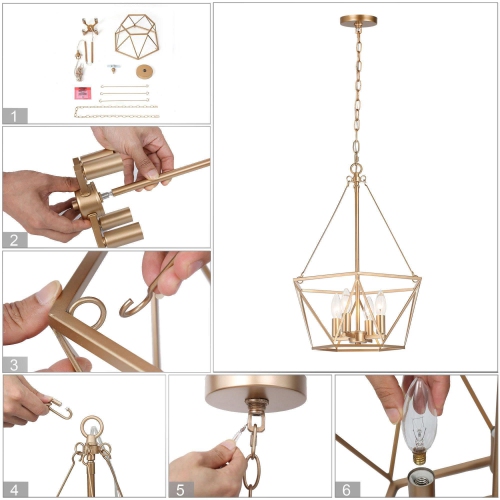 Modern Gold Dining Room Chandelier, 4-Light Farmhouse Cage Bedroom Chandelier Pendant Lighting